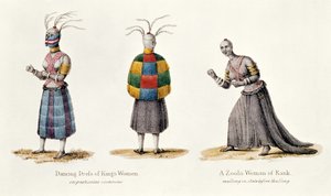 Tanzkleid der Frauen des Königs und eine Zoolu-Frau von Rang, Illustration aus Erzählung einer Reise ins Zoolu-Land von A.F. Gardiner, 1836
